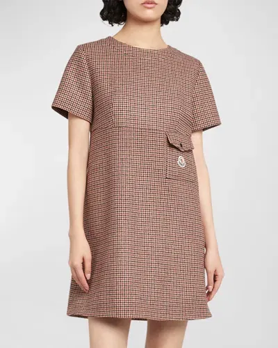 Moncler Houndstooth Wool Mini Dress In Brown