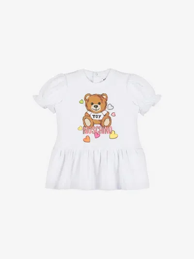 Moschino White Dress For Baby Girl With Teddy Bear Print