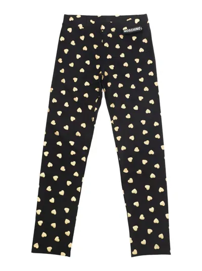 Moschino Kids' Black Leggings With All-over Heart Print In Stretch Cotton Girl In Nero E Oro