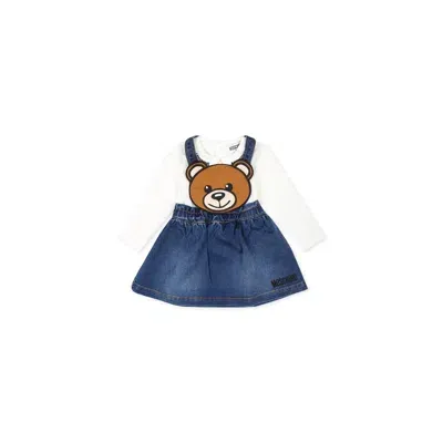 Moschino Blue Suit For Baby Girl With Teddy Bear And Logo In Denim