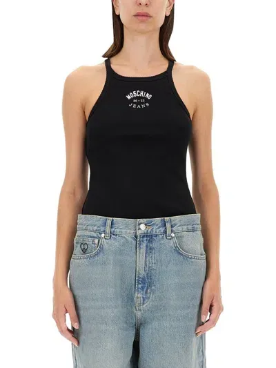 Moschino Jeans Sleeveless Ribbed Tank Top In Black