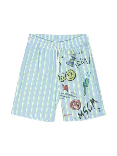 Msgm Kids' Striped Graphic-print Swim Shorts In Blue