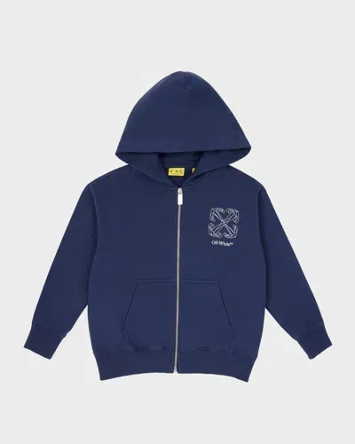 Off-white Kids' Boy's 3d Arrow Logo-print Hoodie In Navy Blue/white