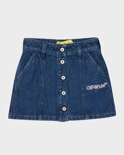 Off-white Kids' Girl's Glitter Logo-print Denim Skirt In Medium Blue