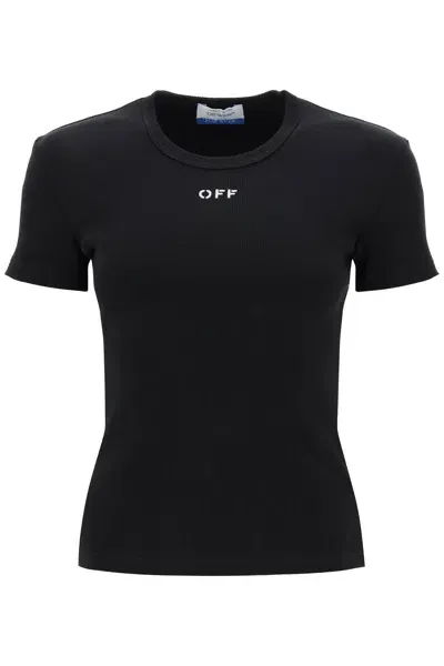 Off-white Ribbed T-shirt With Off Embroidery In Black