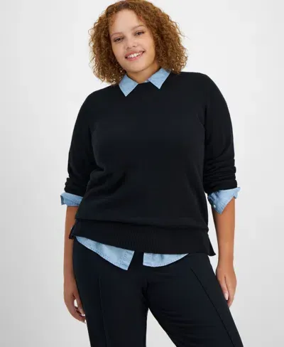 On 34th Plus Size Crewneck Sweater, Created For Macy's In Deep Black