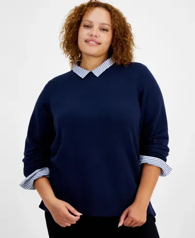 On 34th Plus Size Crewneck Sweater, Created For Macy's In Intrepid Blue