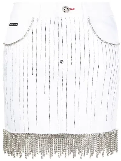 Philipp Plein Crystal-embellished Denim Skirt In White