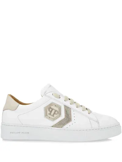 Philipp Plein Crystal Hexagon Leather Sneakers In White