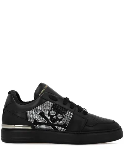 Philipp Plein Crystal Lo-top Leather Sneakers In Black