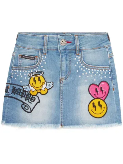 Philipp Plein Junior Kids' Smile Denim Skirt In Blue