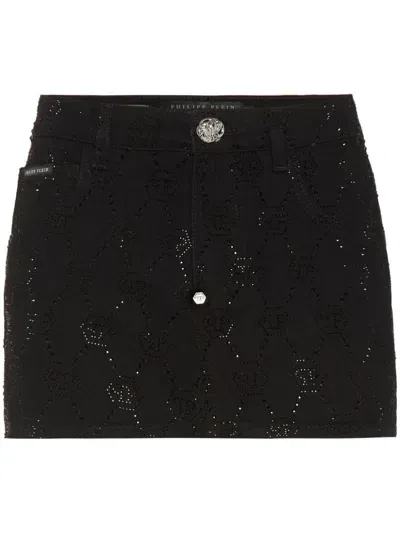 Philipp Plein Monogram Denim Skirt In Black