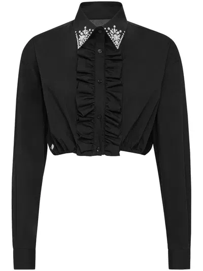 Philipp Plein Ruffled Cotton Cropped Shirt In Black