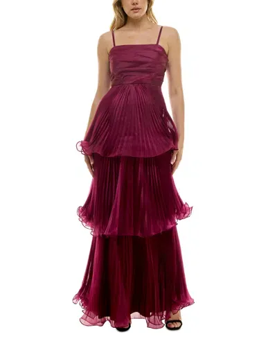 Taylor Women's Square-neck Tiered Pleated Chiffon Gown In Beaujolias