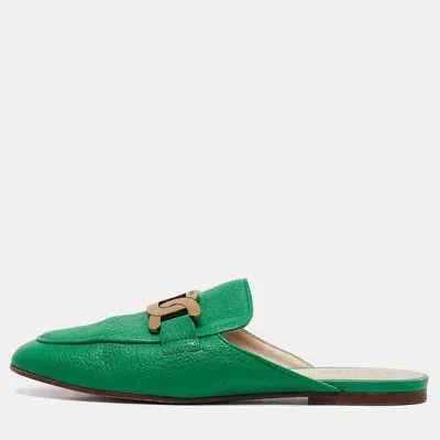 Pre-owned Tod's Green Leather Kate Flat Mules Size 40.5