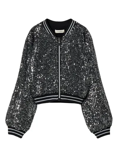 Twinset Kids' Sequin-embellished Bomber Jacket In Black