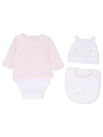 Karl Lagerfeld Babies' Logo Body, Hat And Bib Set In Pink