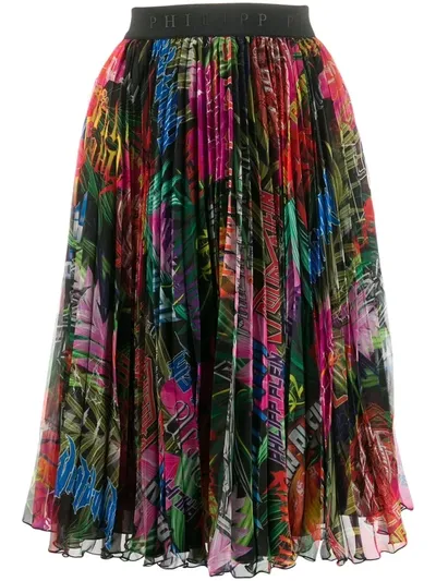 Philipp Plein Jungle Rock Print Pleated Skirt In Multi