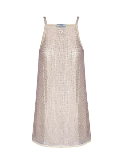 Prada Triangle Logo Embellished Mesh Dress In Rosa