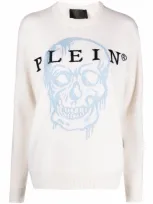 Philipp Plein Woman Cream Skull Intarsia Round-neck Pullover In White