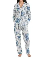 Desmond & Dempsey Bromley Parrot Long Pajama Set In Cream/blue