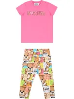 Moschino Fuchsia Suit For Baby Girl With Teddy Bear And Logo